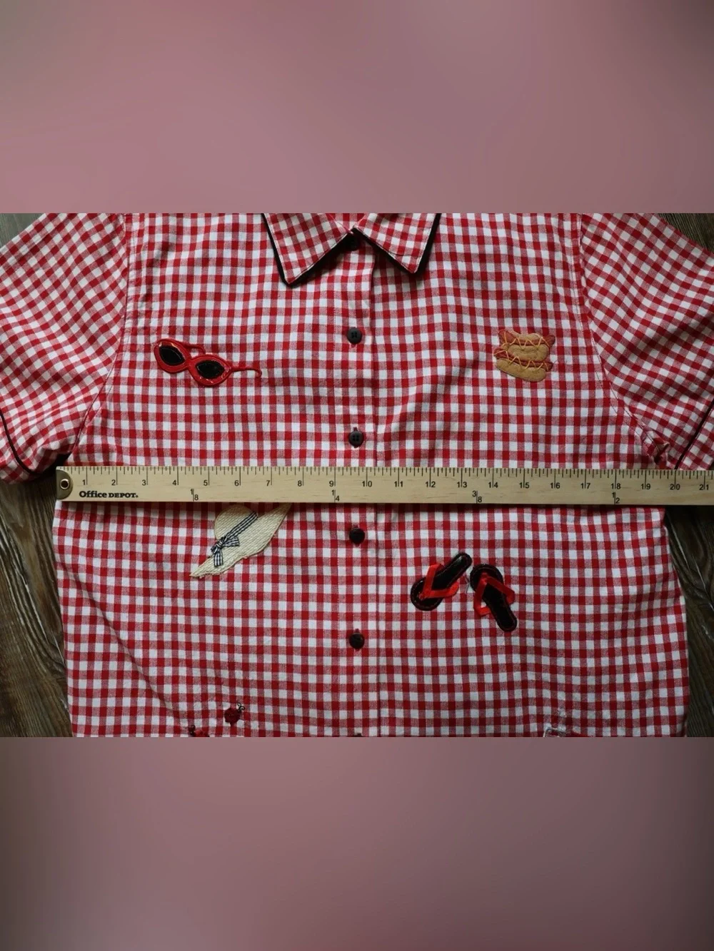 Red Gingham Picnic Novelty Applique Rockabilly Blouse Top Womens Large - Picture 15 of 16
